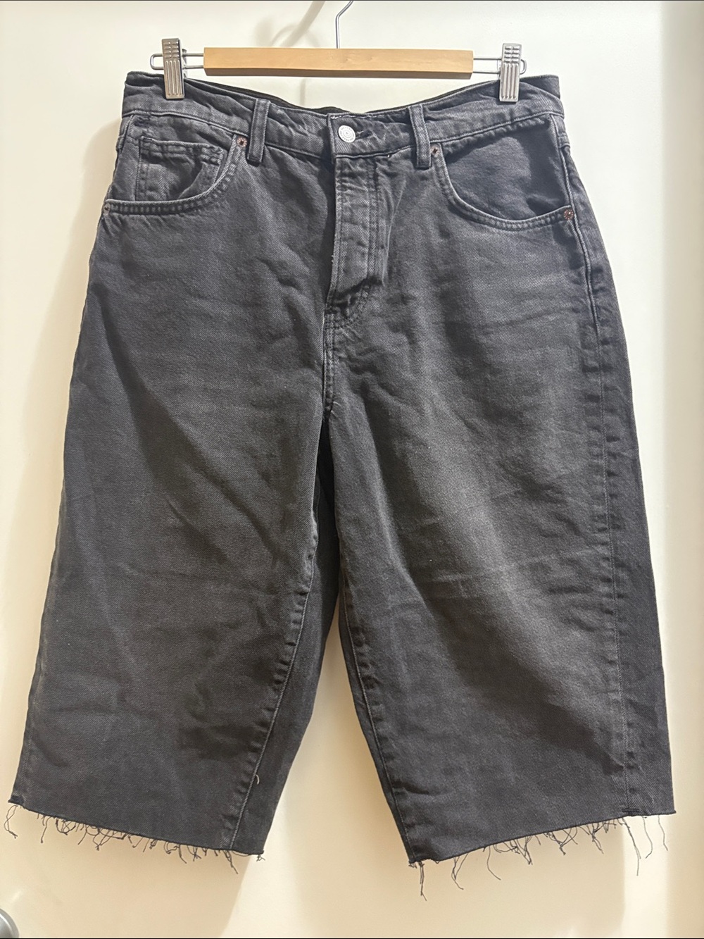 We The Free Washed Black Long Jean Shorts with Frayed Hem